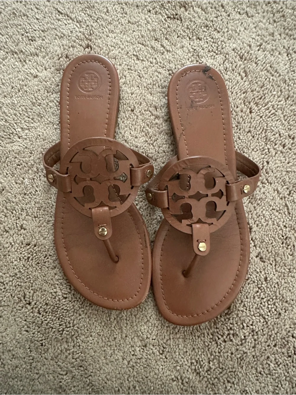 Tory Burch Brown Leather Logo Thong Sandal - Picture 1 of 3